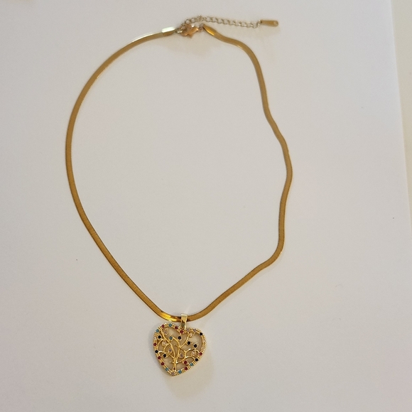 New 18K Gold Plated Multicolored Gemstones Tree Heart Necklace Pendant And Chain - Picture 3 of 7